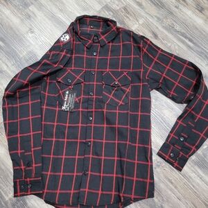 New Demons Behind Me Flannel Shirts Mens Size XL Button Up Black Red Plaid